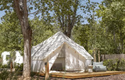 Safari tent set on a wooden platform beneath tall trees in a peaceful, sunlit outdoor camping area.