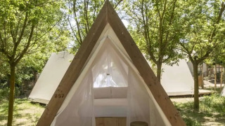 Safari-Hüttenzelt mit Holzplattform im Wald, mit offenem Eingang und weißem Interieur unter Bäumen.