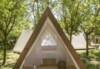 Safari Cabin Tent on wooden platform in a green forest, open entrance with white interior and sunlight.