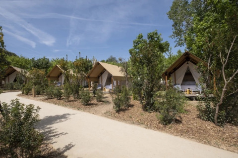 Safaritenten voor koppels bij Glamping Wecamp Santa Cristina in Spanje, omgeven door groen en natuur.
