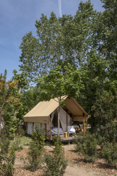 Safari tent Glamping Couple bij Wecamp Santa Cristina in Spanje, omringd door bomen en groene vegetatie.