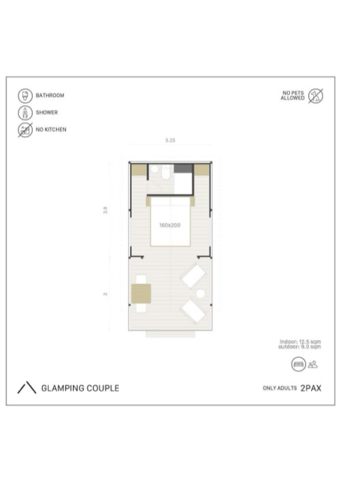 Plattegrond Glamping Couple safaritent met badkamer, douche en geen keuken bij Wecamp Santa Cristina, Spanje.