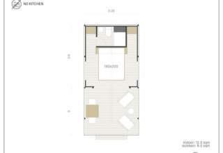 Plattegrond Glamping Couple safaritent met badkamer, douche en geen keuken bij Wecamp Santa Cristina, Spanje.