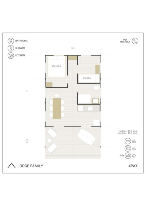 Grondplan van Lodge Family safaritent in Wecamp Santa Cristina, Spanje, huisdiervriendelijk en voor 4 personen.