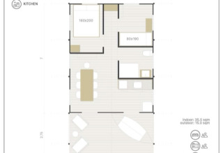 Grondplan van Lodge Family safaritent in Wecamp Santa Cristina, Spanje, huisdiervriendelijk en voor 4 personen.