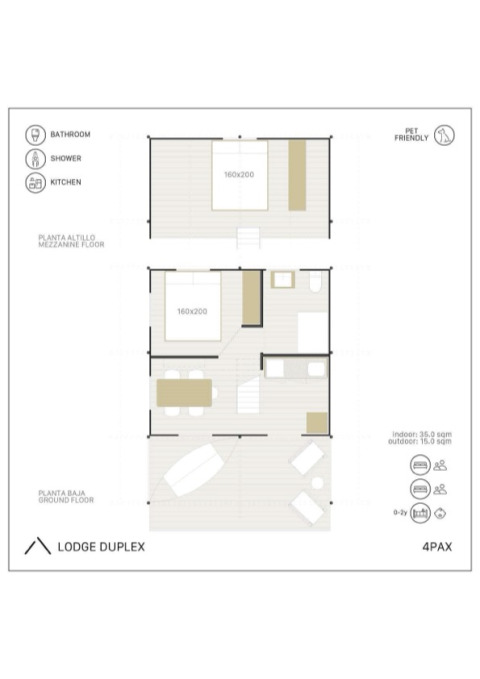 Plattegrond Lodge Family Duplex safaritent bij Wecamp Santa Cristina, Spanje, geschikt voor 4 personen en huisdieren.