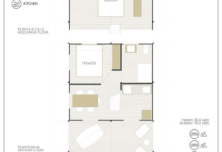 Plattegrond Lodge Family Duplex safaritent bij Wecamp Santa Cristina, Spanje, geschikt voor 4 personen en huisdieren.