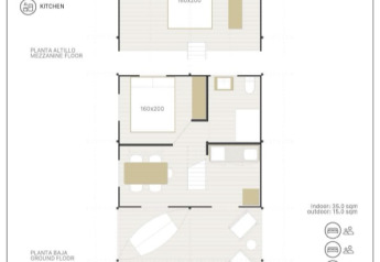 Plano de Lodge Family Duplex en Wecamp Santa Cristina, España, con capacidad para 4 personas y apto para mascotas.