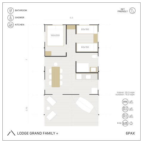 Grondplan van de LODGE GRAND FAMILY+ safaritent voor 6 personen met keuken, badkamer en slaapruimte.