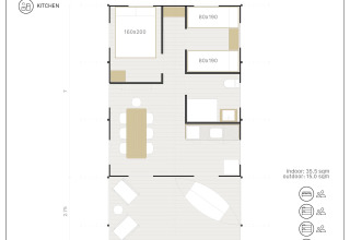 Grondplan van de LODGE GRAND FAMILY+ safaritent voor 6 personen met keuken, badkamer en slaapruimte.