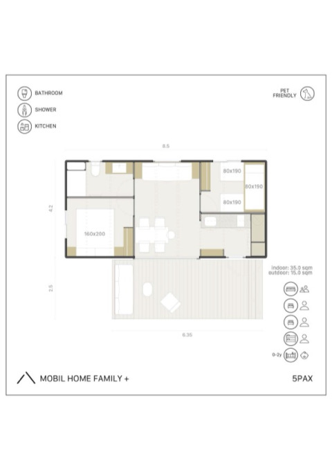 Plattegrond van Mobil Home Family Plus bij Wecamp Santa Cristina, Spanje, met bedden en voorzieningen.