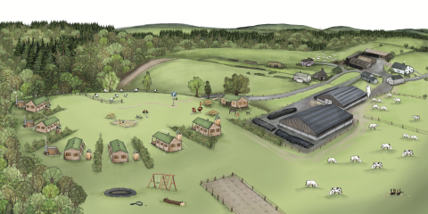 Illustration vom BoerenBed Ferme de la Yauge, Namur, Belgien, mit Zelthütten, Feldern, Kühen und Bauernhöfen.