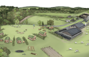 Illustration vom BoerenBed Ferme de la Yauge, Namur, Belgien, mit Zelthütten, Feldern, Kühen und Bauernhöfen.