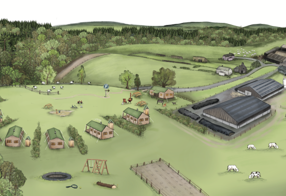 Illustratie van BoerenBed Ferme de la Yauge, Namur, België, met tenthuisjes, weilanden, koeien en boerderijen.