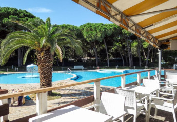 Outdoor dining area at a glamping site with a palm tree, pool, white chairs and a forest backdrop.