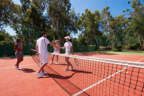 Vier mensen op een tennisbaan bij een glamping accommodatie, geven elkaar een hand bij het net.