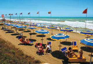 Strand bij glamping met blauw-gele parasols, ligbedden en mensen die genieten van het zonnige weer.