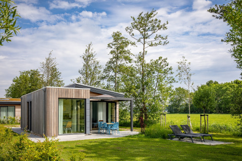 Moderne lodge i Park Wijdenes 3 med store vinduer, terrasse og liggestole, omgivet af grøn natur.