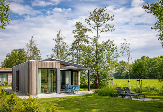 Moderne lodge i Park Wijdenes 3 med store vinduer, terrasse og liggestole, omgivet af grøn natur.