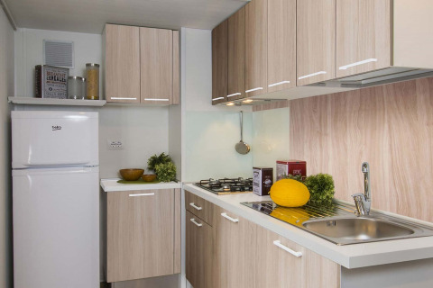 Modernes Glamping-Küchenfoto mit Holzschränken, Gasherd, Spüle, Kühlschrank und frischem Gemüse.