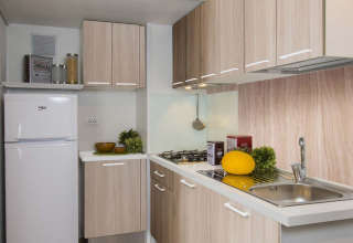 Moderne glampingkeuken met lichte houten kasten, gaskookplaat, gootsteen, koelkast en verse groente op het aanrecht.