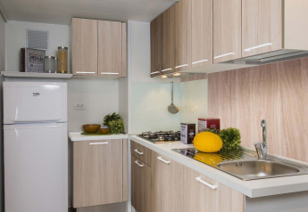 Modernes Glamping-Küchenfoto mit Holzschränken, Gasherd, Spüle, Kühlschrank und frischem Gemüse.