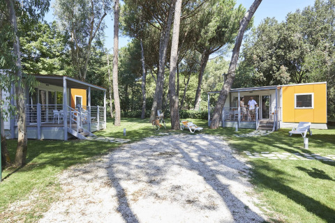 Zwei moderne Lodges im Wald beim Baia Domizia Villaggio Camping I5 in Italien, mit Liegestühlen und Terrasse.