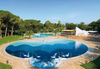 Großer Poolbereich mit Whirlpools und Palmen im Baia Domizia Villaggio Camping I4, Italien, im Grünen.