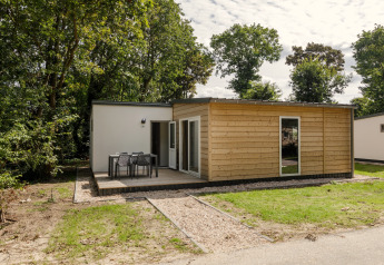 Ferienpark Kijkduin 9 Lodge mit Holzverkleidung und Terrasse, umgeben von Bäumen und Natur.