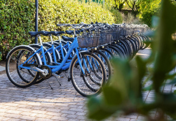Row of blue bicycles with baskets parked on cobblestone at Holiday resort Riva degli Etruschi in Italy, with greenery.