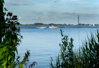 Blick von Hausboot Elysium in den Niederlanden auf einen See mit Booten und grüner Ufervegetation.