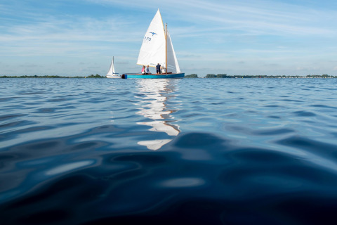 Segelboote auf dem Wasser beim Hausboot «Elysium» in den Niederlanden, sonniges Wetter, ruhige See.