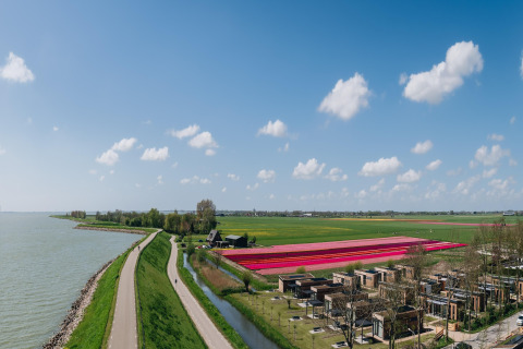 Udsigt over blomstrende marker, lodgehytter og en flod ved søbredden under en blå himmel.