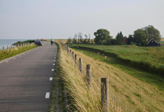 Landevej med cyklist, bil og gård i baggrunden, grønne marker og får nær en lodge i landlige omgivelser.