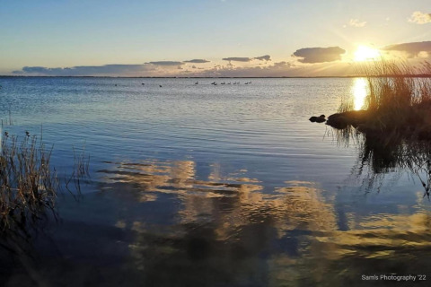 Solnedgang ved en sø med stille vand, siv og fugle i horisonten, taget fra en lodge i naturskønne omgivelser.