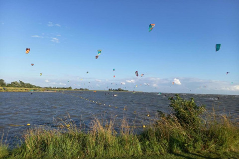 Farverig scene med mange kitesurfere på vandet ved en lodge under en blå himmel med grønt græs.