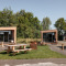 Tiny houses en bois modernes à Noordzee Résidence De Banjaard avec tables de pique-nique sur pelouse.