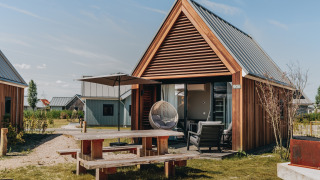 Tiny house moderna al Beach Resort Nieuwvliet-Bad con area esterna, tavolo e rivestimento in legno.