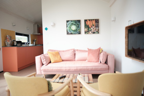 Gezellige woonkamer met roze sofa, open keuken en groenteschilderijen bij Resort «Callantsoog 2» in Nederland.