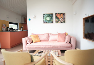 Gezellige woonkamer met roze sofa, open keuken en groenteschilderijen bij Resort «Callantsoog 2» in Nederland.