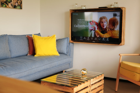 Living room at Resort Callantsoog 1 with blue sofa, yellow pillow, wall TV, and glass coffee table in the Netherlands.