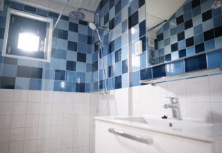 Modern bathroom at Resort Callantsoog 1 in the Netherlands with blue and white tiles, shower and sink.