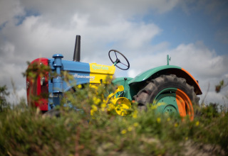 A colorful Hanomag tractor pictured at a lodge, surrounded by grass and a cloudy blue sky overhead.