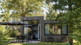 Modernes Tiny House im Holiday Park Schaijk mit Holzfassade, großen Fenstern und Sitzbereich im Grünen.
