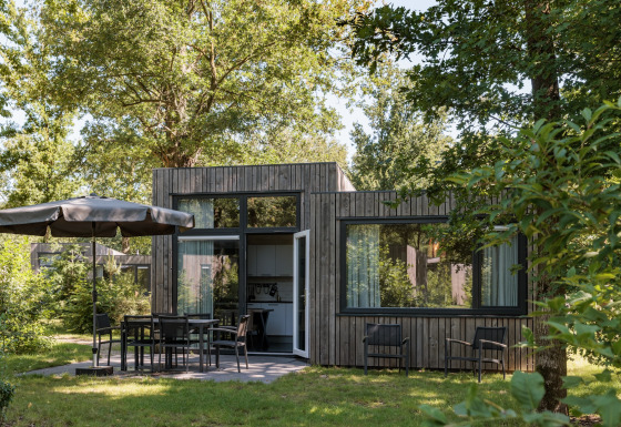 Tiny house moderna al Holiday Park Schaijk con facciata in legno, ampie finestre e area salotto nel verde.