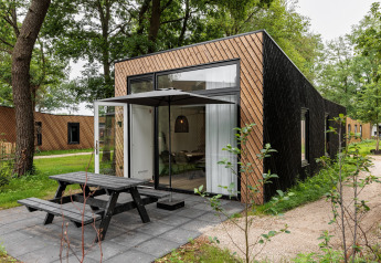 Tiny house moderne avec grandes fenêtres, terrasse et banc, entourée d’arbres, parfaite pour se détendre.