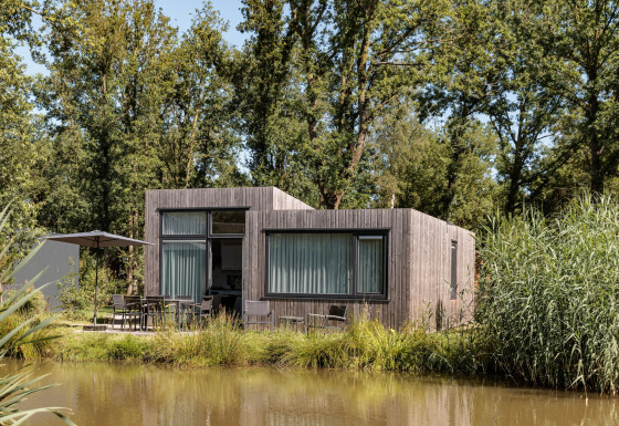 Tiny house moderne à Holiday Park Schaijk au bord d’un lac, entourée d’arbres et de végétation verdoyante.