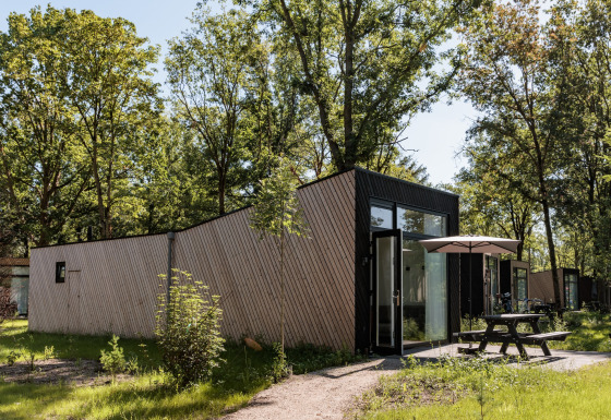 Vista exterior de la tiny house Holiday Park Schaijk 7 con mesa de picnic, sombrilla y vegetación alrededor.