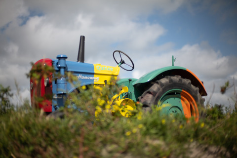 Kleurrijke tractor op een veld bij Resort «Callantsoog 5» in Nederland met bloemen en blauwe lucht.