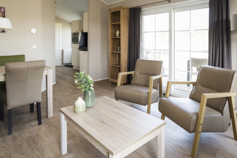 Helles, modernes Wohnzimmer im Holiday Park Loodsmansduin 1, mit bequemen Sesseln und großen Fenstern in den Niederlanden.